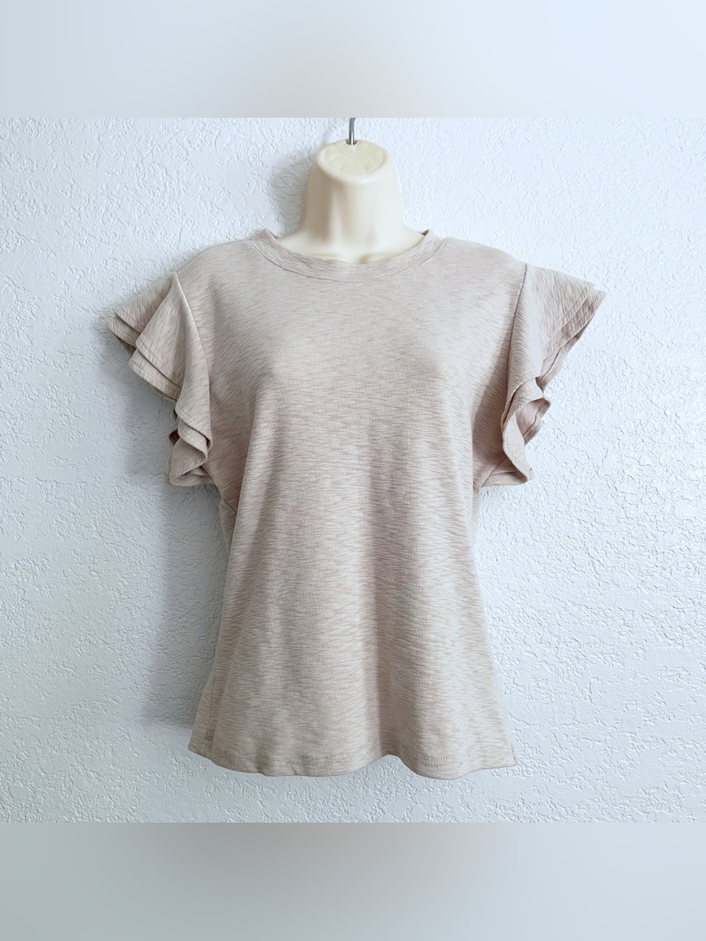Anthropologie Deletta Ruffle Sleeve Top Cream Beige Medium Soft Girl Feminine